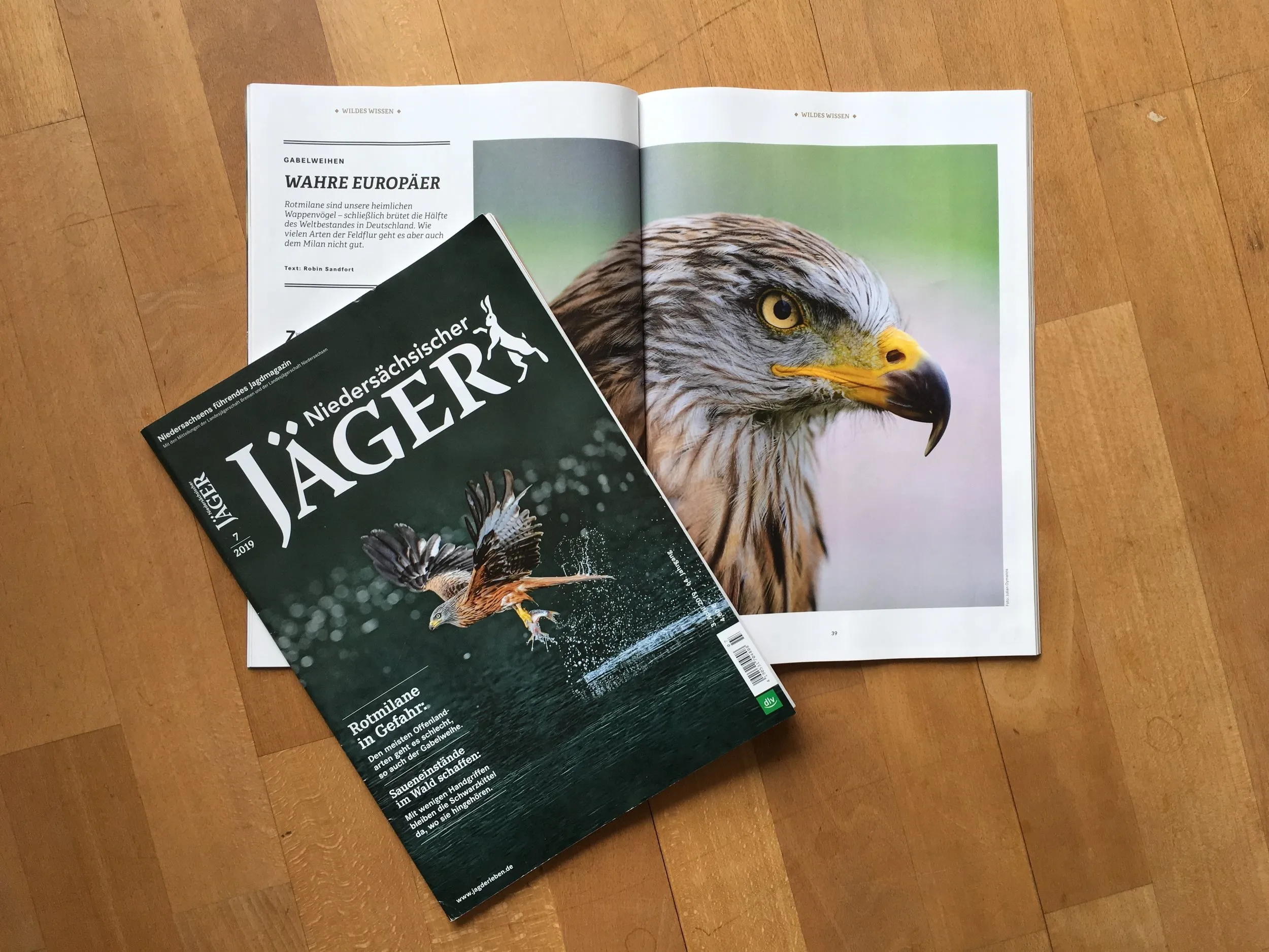 Aufgeschlagene Ausgabe 7/2019 des Niedersächsischen Jägers mit dem Artikel „Wahre Europäer" über Rotmilane